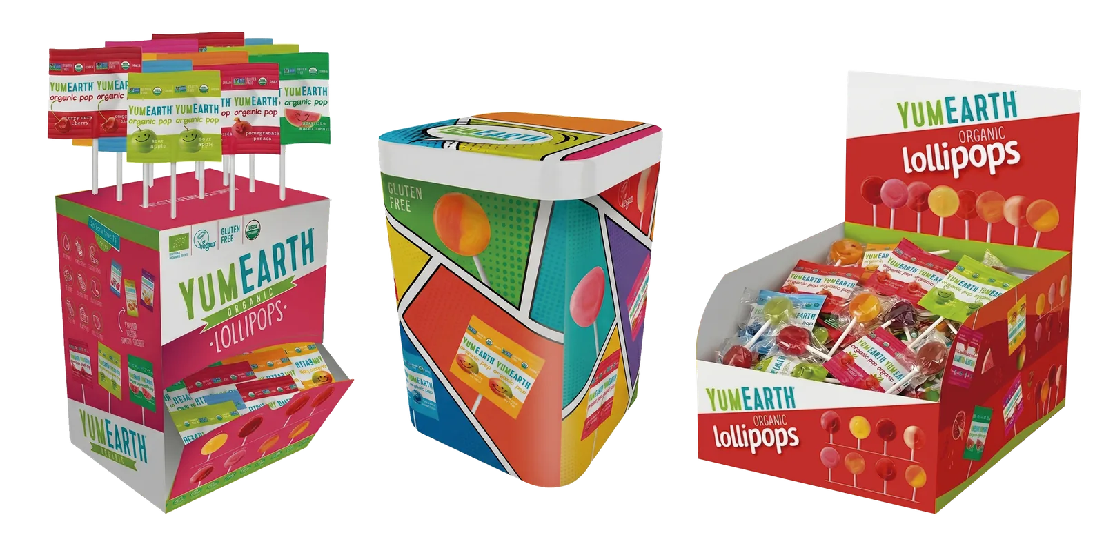 YumEarth gravity feed display and horizontal shelf unit for retail