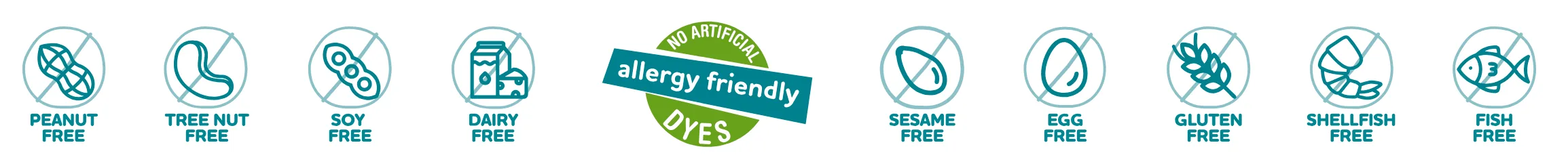 Allergen friendly: Peanut Free, Tree Nut Free, Soy Free, Dairy Free, Allergy Friendly Dyes, Sesame Free, Egg Free, Gluten Free, Shellfish Free, Fish Free